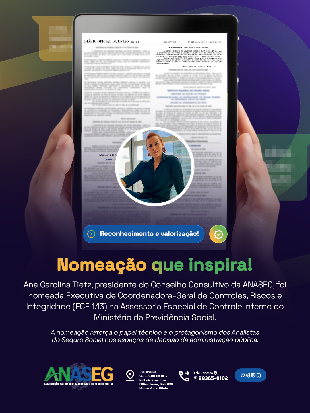 Ana Carolina Tietz é nomeada para cargo de Coordenadora-Geral de Controles, Riscos e Integridade no Ministério da Previdência Social.