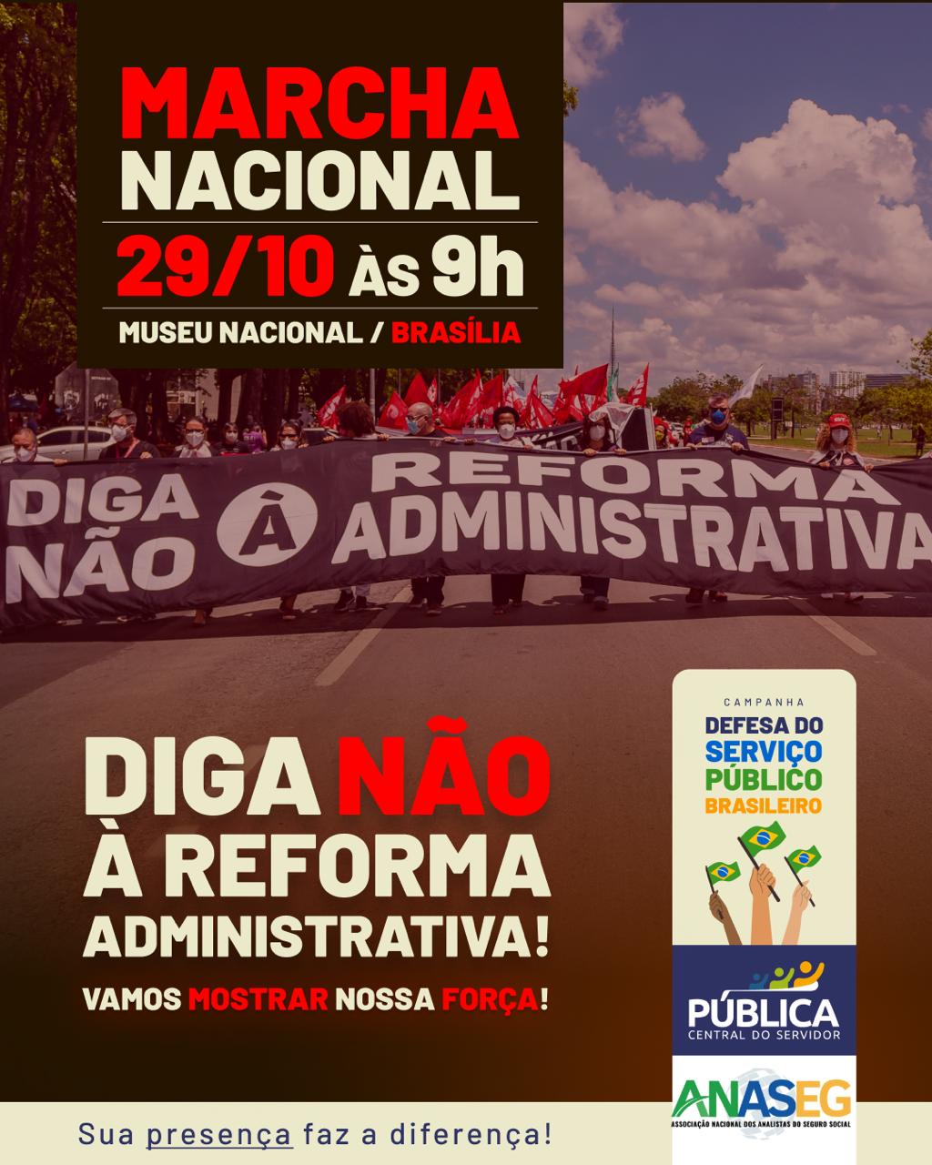 Marcha Nacional em Brasília contra a Reforma Administrativa com servidores públicos segurando faixa.