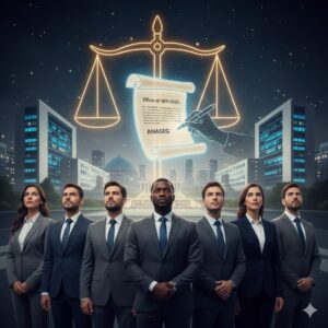 Grupo de analistas em frente a prédios institucionais, com balança da justiça e um ofício iluminado representando pedido de revisão do edital de remoção do INSS.