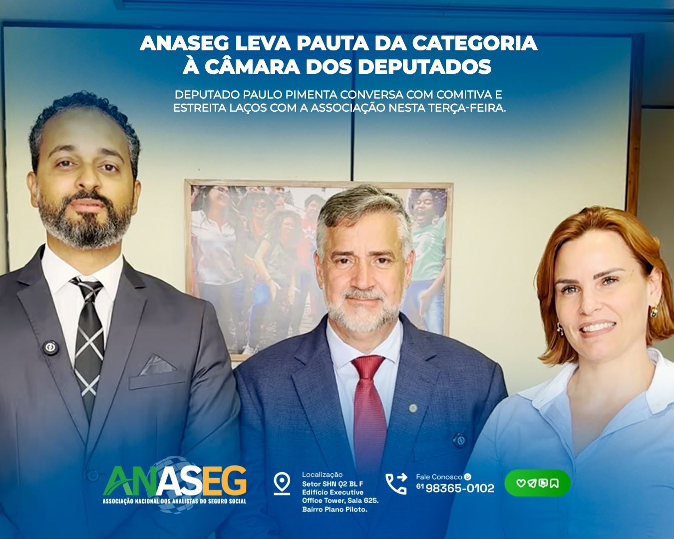 Representantes da ANASEG entregam carta-compromisso ao deputado Paulo Pimenta na Câmara dos Deputados.