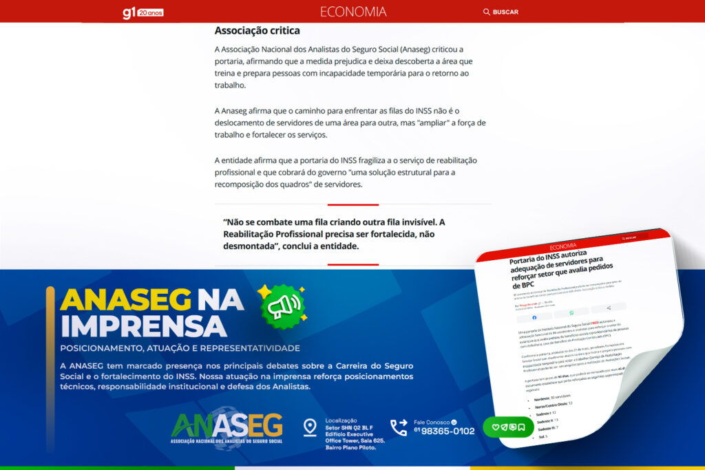 Arte institucional da ANASEG destacando posicionamento da entidade sobre a Reabilitação Profissional e a recomposição da força de trabalho do INSS