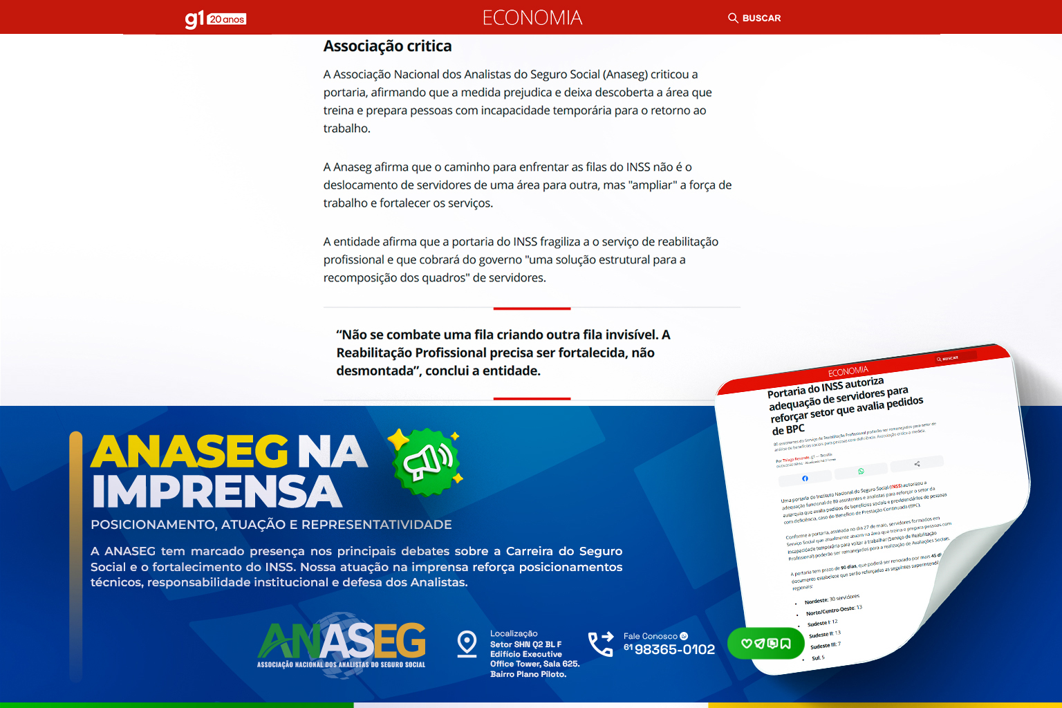 Arte institucional da ANASEG destacando posicionamento da entidade sobre a Reabilitação Profissional e a recomposição da força de trabalho do INSS