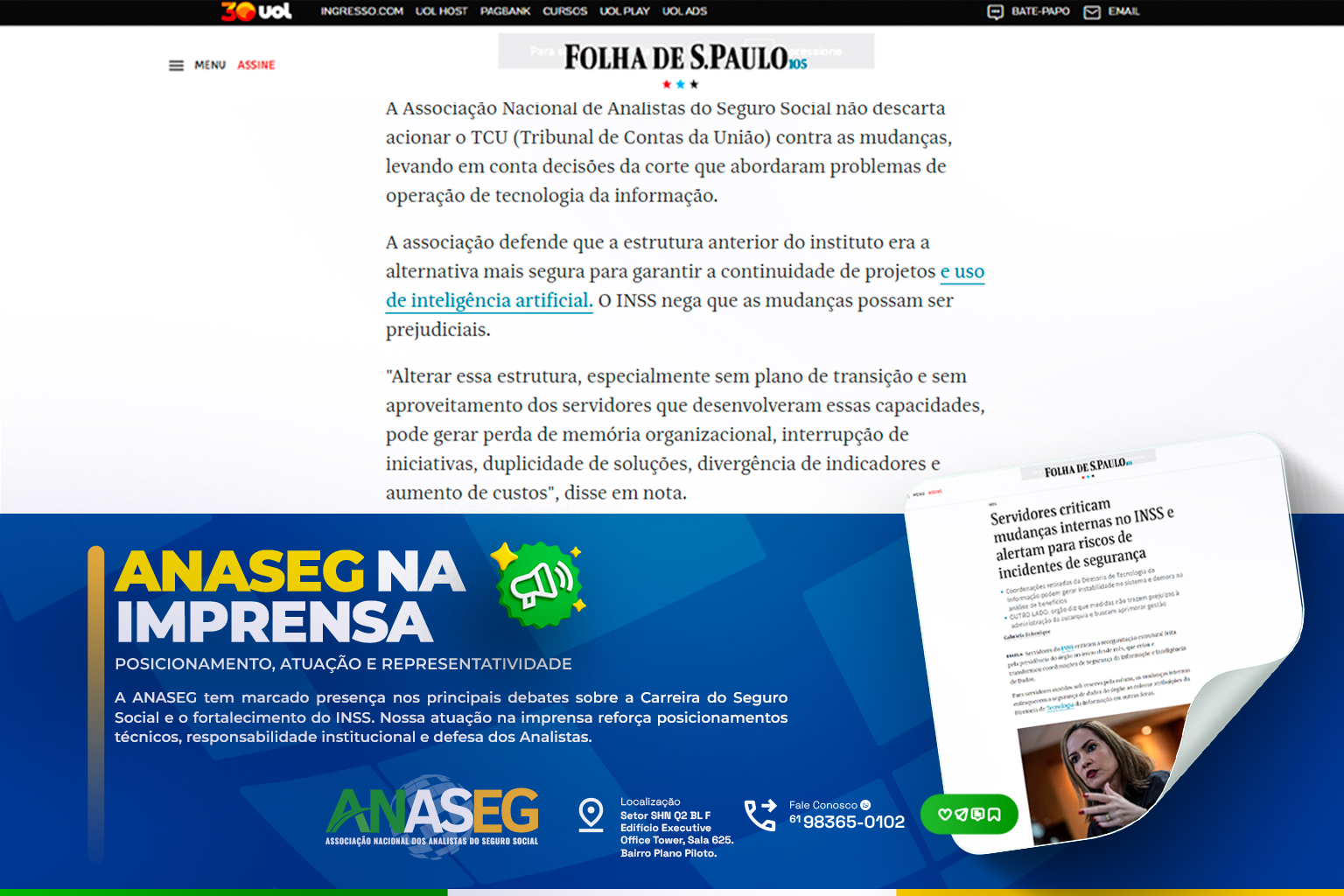 Arte da ANASEG destacando reportagem da Folha de S.Paulo sobre a atuação da entidade em defesa da segurança da informação e da estrutura de Tecnologia da Informação do INSS.