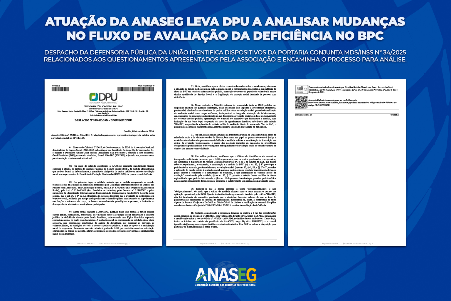 Documento da DPU sobre os questionamentos da ANASEG a respeito das mudanças no fluxo de avaliação da deficiência no BPC.